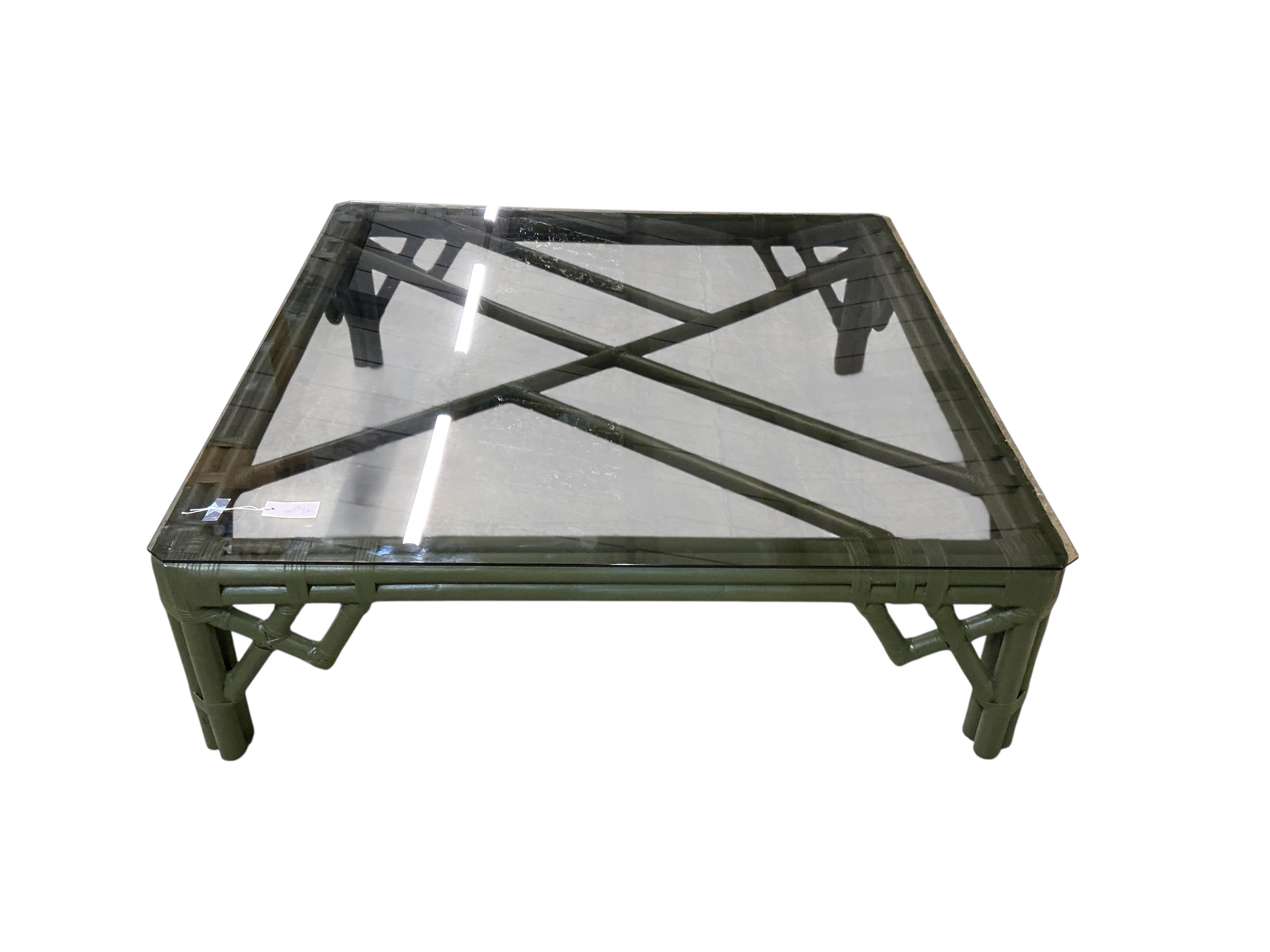 A large painted bamboo square glass topped coffee table, 122cm, height 39cm